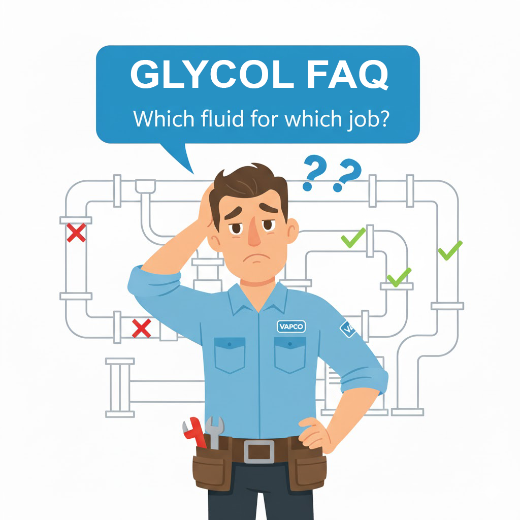 Puzzled HVAC contractor thinking about fluid choices, introducing the Glycol FAQ section.
