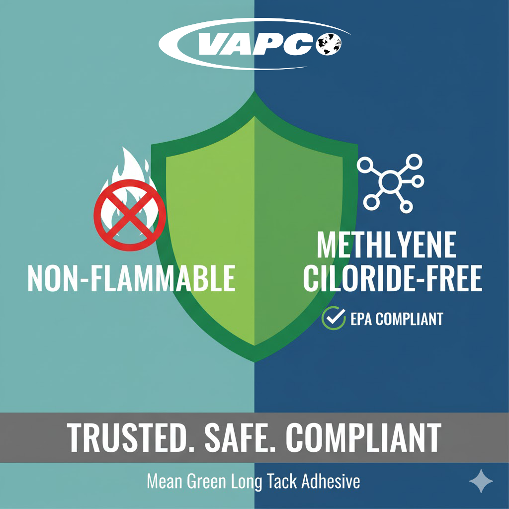 Graphic showcasing Vapco Mean Green Long Tack as genuinely non-flammable (fire symbol with 'X') and Methylene Chloride-Free (molecular symbol), highlighting its EPA compliance for safe HVAC adhesive repositioning time.