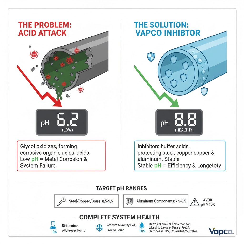 Graphic illustrating corrosion in a hydronic system with low pH (Acid Attack) vs. protection with Vapco Glycol Inhibitor and stable pH. Shows pH targets: 8.5-9.5 for steel/copper and 7.5-8.5 for aluminum.
