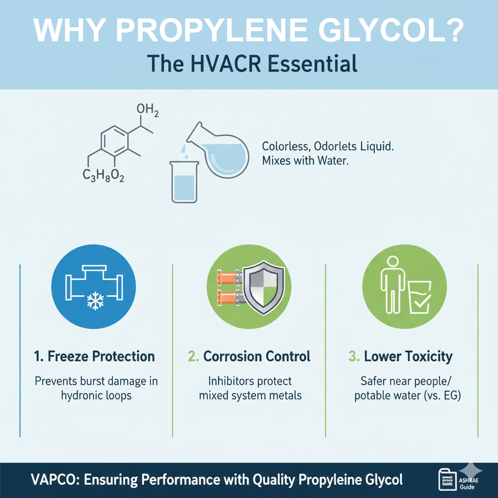 Diagram explaining Propylene Glycol properties, chemical formula, freeze protection, corrosion control, and low toxicity for HVACR.
