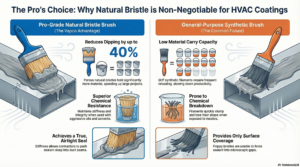 HVAC Mastic Brush - Comparative illustration showing that Pro-Grade Natural Bristle Brushes hold 40% more material than synthetic brushes, leading to superior chemical resistance and true airtight sealing on ductwork.