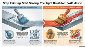 Comparison of a synthetic brush failing to seal a duct seam versus a Vapco natural bristle brush achieving deep, positive sealing with high chemical resistance.