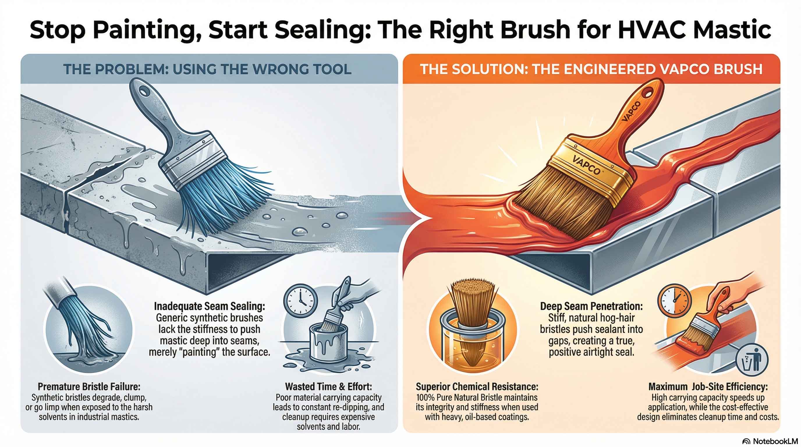 Comparison of a synthetic brush failing to seal a duct seam versus a Vapco natural bristle brush achieving deep, positive sealing with high chemical resistance.