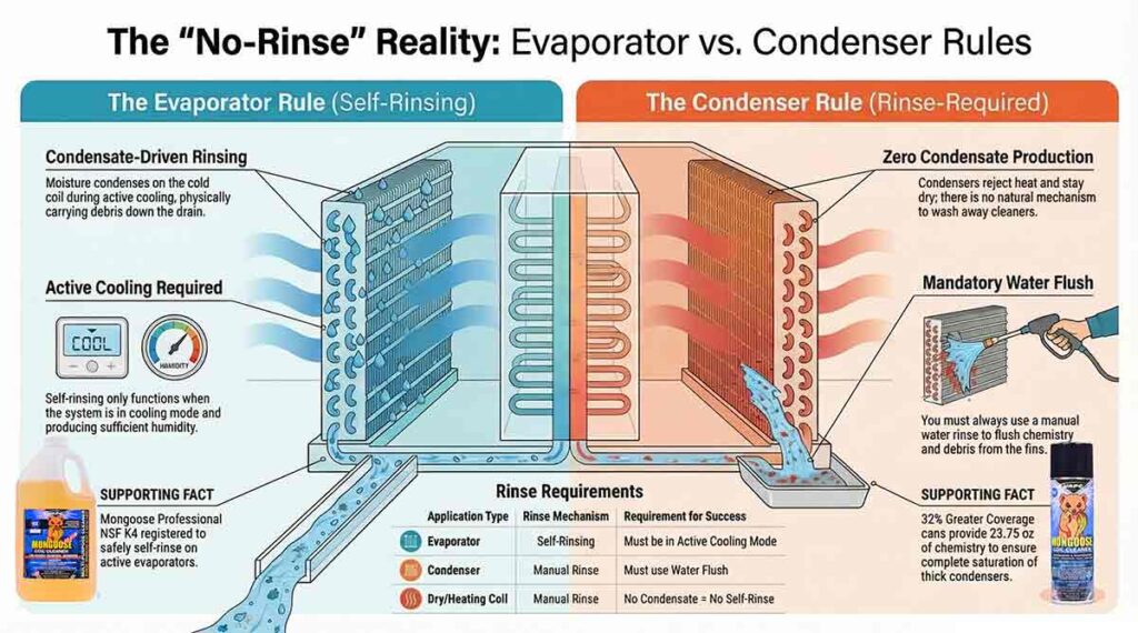 Educational HVAC infographic by Vapco Solutions explaining the difference between the self-rinsing Evaporator Rule and the manual-rinse Condenser Rule for coil cleaning using Mongoose Professional.