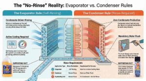 Educational HVAC infographic by Vapco Solutions explaining the difference between the self-rinsing Evaporator Rule and the manual-rinse Condenser Rule for coil cleaning using Mongoose Professional.