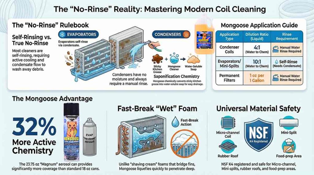 Infographic explaining the No-Rinse Reality for HVAC coils, comparing the self-rinsing Evaporator Rule using Mongoose Professional NSF K4 with the mandatory manual water flush Condenser Rule.