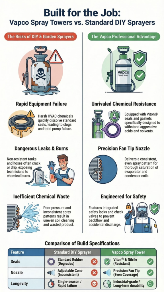 Infographic comparing Vapco Spray Towers to DIY garden sprayers, highlighting safe and effective HVAC coil cleaner application methods
