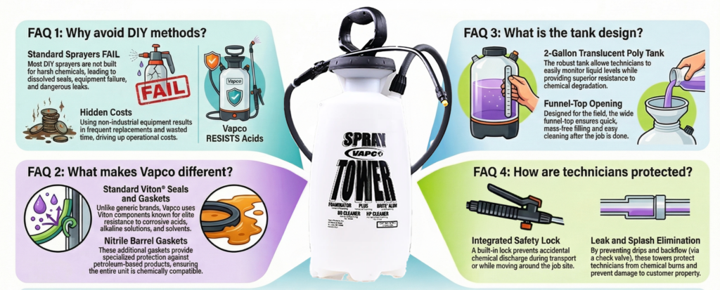Infographic of the Vapco Spray Tower, showing why professional pump sprayers are one of the most effective HVAC coil cleaner application methods.