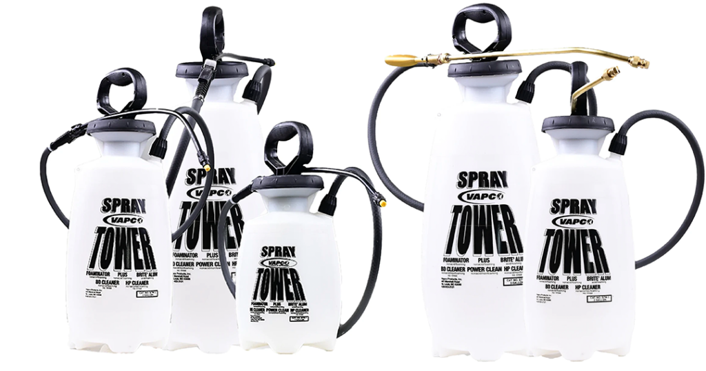 Five different sizes of Vapco Spray Tower STW pump sprayers, illustrating precision HVAC coil cleaner application methods for professional technicians.