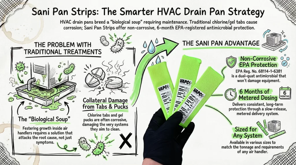 Comparison of best drain pan treatment options showing the Sani Pan Strips EPA-registered non-corrosive advantage over traditional chlorine tabs and gel pucks.