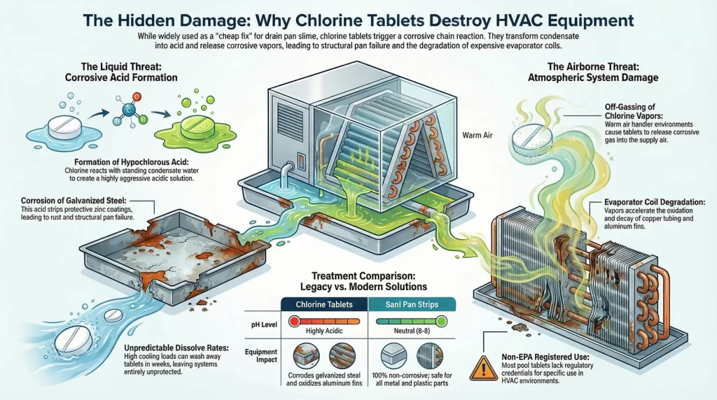 Infographic detailing the chlorine tab problem in HVAC systems, showing hypochlorous acid corrosion on galvanized steel pans and off-gassing vapor damage on copper evaporator coils.