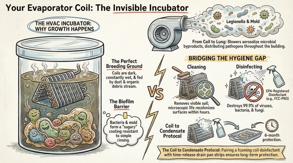 Diagram showing how an HVAC evaporator coil acts as an incubator for Legionella and mold. Illustrates the Coil to Condensate Protocol using FCC-PRO disinfectant and Sani Pan Strips.