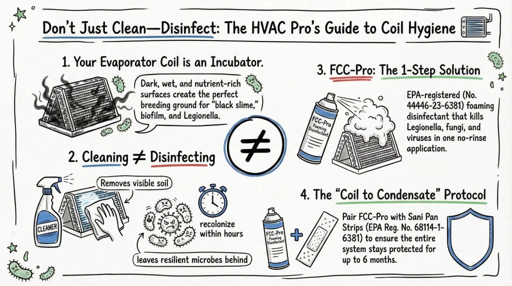 Summary infographic for HVAC professionals: Why coils are incubators, cleaning vs. disinfecting, and the FCC-PRO 1-step no-rinse solution (EPA Reg. No. 44446-23-6381). Includes the Coil to Condensate protocol.