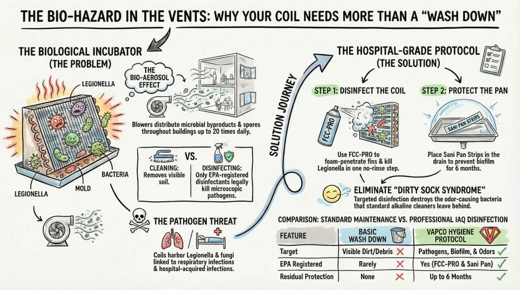 Infographic explaining the Vapco Hygiene Protocol: Step 1 Disinfect the Coil with FCC-PRO, Step 2 Protect the Pan with Sani Pan Strips. Highlights the difference between basic cleaning and EPA-registered disinfection.