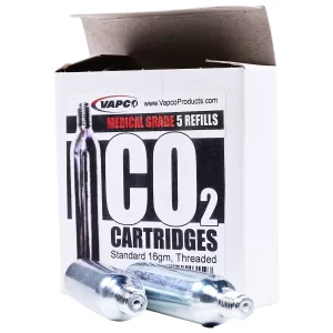 A pack of Threaded CO2 Refills, 16-gram cartridges of food-grade carbon dioxide gas.