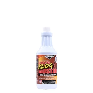 A bottle of Drain Clog Buster Liquid, a clear, non-fuming solution for clearing AC condensate and other drain lines.