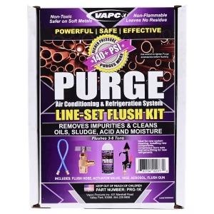 Purge High-Pressure HVAC Line Set Flush Kits packaging side-by-side. Left: PRG-1K Starter Kit with flush gun and hose. Right: PRG-2K Commercial Master Pack with two 2lb cans. Both boxes show 140+ PSI rating and Made in USA flag.