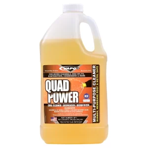 Gallon jug of QUAD POWER, a powerful concentrated HVACR cleaning solution for coils, condensers, and other equipment.