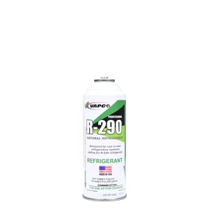 An 8 oz aerosol can of R-290 REFRIGERANT with a 1/2" fitting, an environmentally friendly coolant.