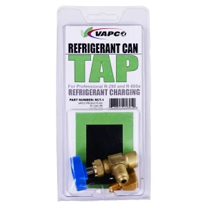 A stainless steel and brass REFRIGERANT CAN TAP , a top-mount can actuator for R-290 and R-600a refrigerant.