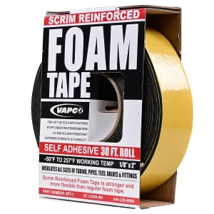 Scrim reinforced foam tape product box with logo and product photo.