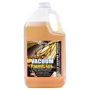 A gallon container of VACUUM PUMP OIL, a high-performance, multi-viscosity lubricant for vacuum pumps