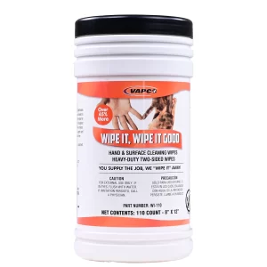 A container of WIPE IT Double-Sided Wipes, showing both the abrasive and smooth sides.