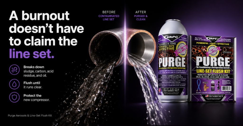 Burnouts, retrofits, component change outs, use Purge Line Set flush to turn an old system like new