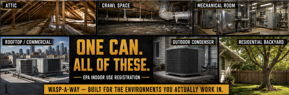 A multi-panel image collage showing professional work environments: attic, crawl space, mechanical room, commercial rooftop, outdoor condenser, and residential backyard. Central text reads, "ONE CAN. ALL OF THESE. EPA INDOOR USE REGISTRATION. WASP-A-WAY — BUILT FOR THE ENVIRONMENTS YOU ACTUALLY WORK IN." demonstrating the value of a professional wasp spray for complex jobs.