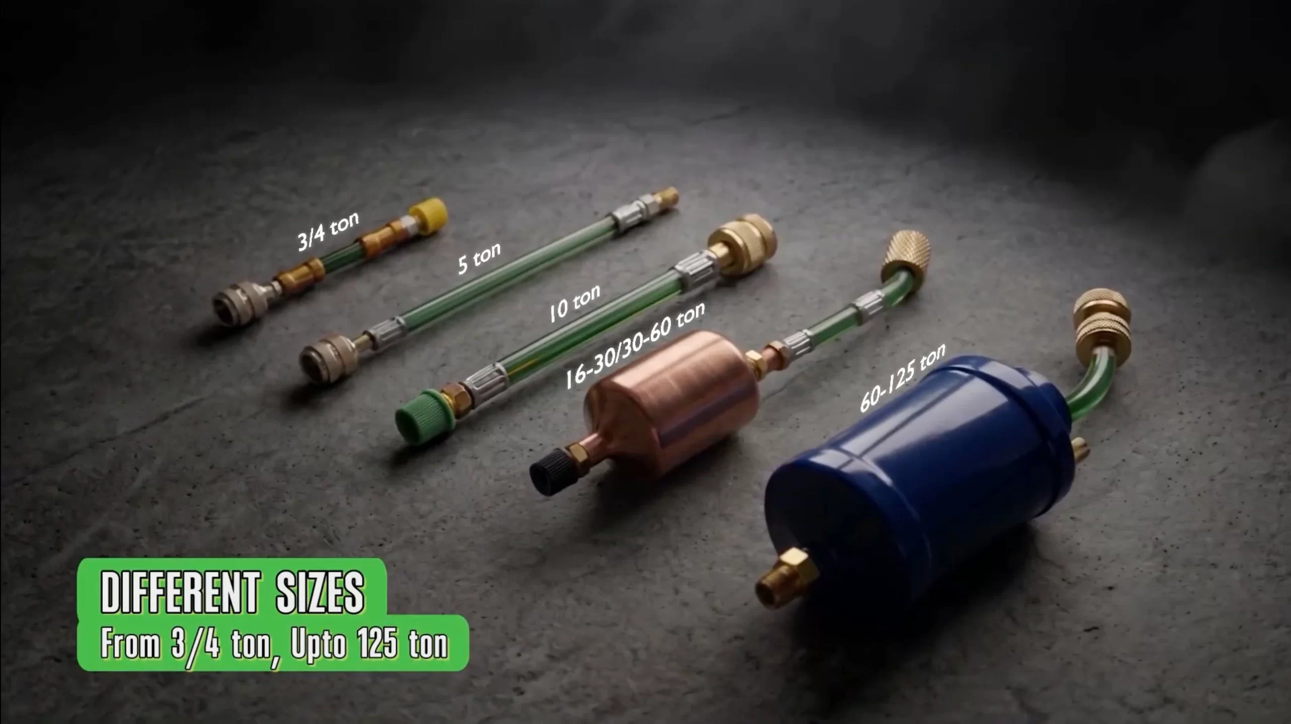 Xpress Seal Inject refrigerant leak sealant product line showing all sizes from 3/4 ton to 125 ton, including small tube injectors for residential mini splits and large canister units for commercial HVAC systems