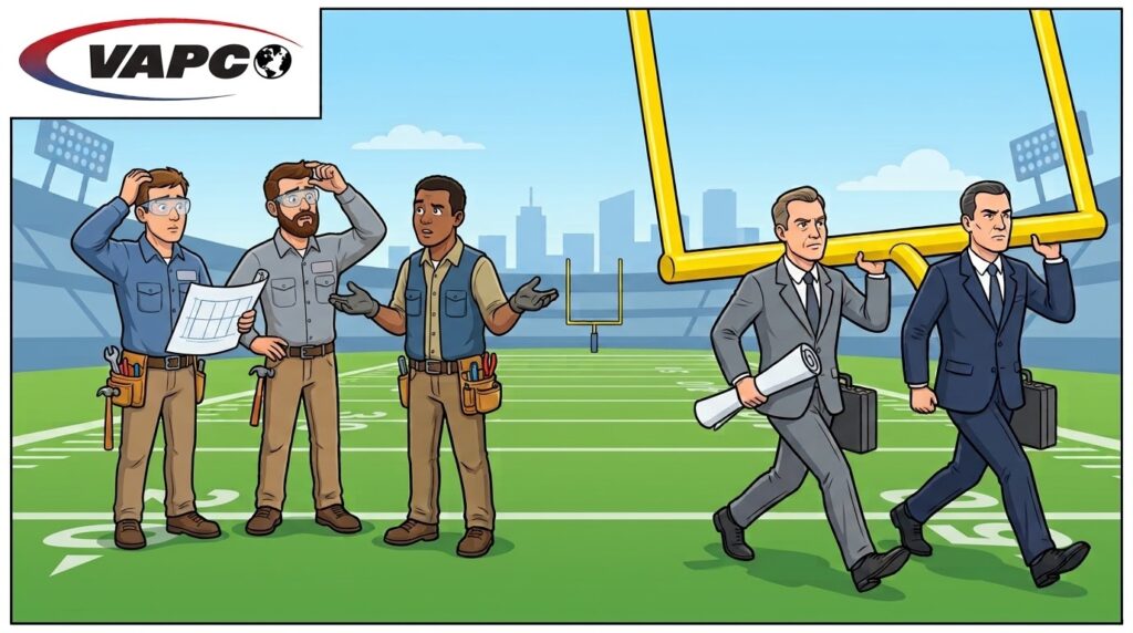 Illustration of government workers moving the goalposts on puzzled technicians due to new HVAC adhesive regulations